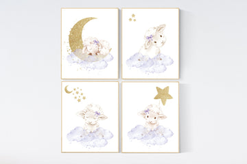 Sheep nursery decor, nursery decor lambs, lavender gold nursery decor, nursery wall art sheep, cloud and star, girl nursery