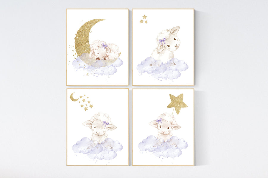 Sheep nursery decor, nursery decor lambs, lavender gold nursery decor, nursery wall art sheep, cloud and star, girl nursery