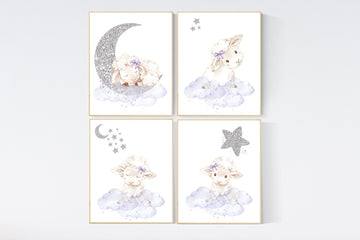 Sheep nursery decor, nursery decor lambs, lavender silver nursery decor, nursery wall art sheep, cloud and star, girl nursery