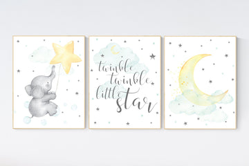 Mint and yellow nursery, nursery wall art neutral, moon and stars nursery, baby room decor, twinkle twinkle, gender neutral nursery art