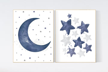 Navy nursery decor, cloud and stars, moon and stars, navy blue nursery art. baby room wall art, boy nursery decor, set of 2, nursery art