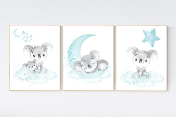 Koala nursery, teal nursery, moon and stars, nursery prints animals, gender neutral nursery, koala mother and baby, animal prints