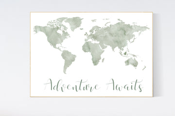 World map nursery, sage green world map, adventure awaits, world map wall art nursery, nursery wall art world map