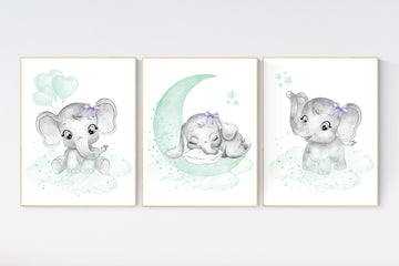 Elephant nursery art, elephant nursery print, mint and purple nursery decor, cloud and stars nursery, baby room , girl nursery, mint green