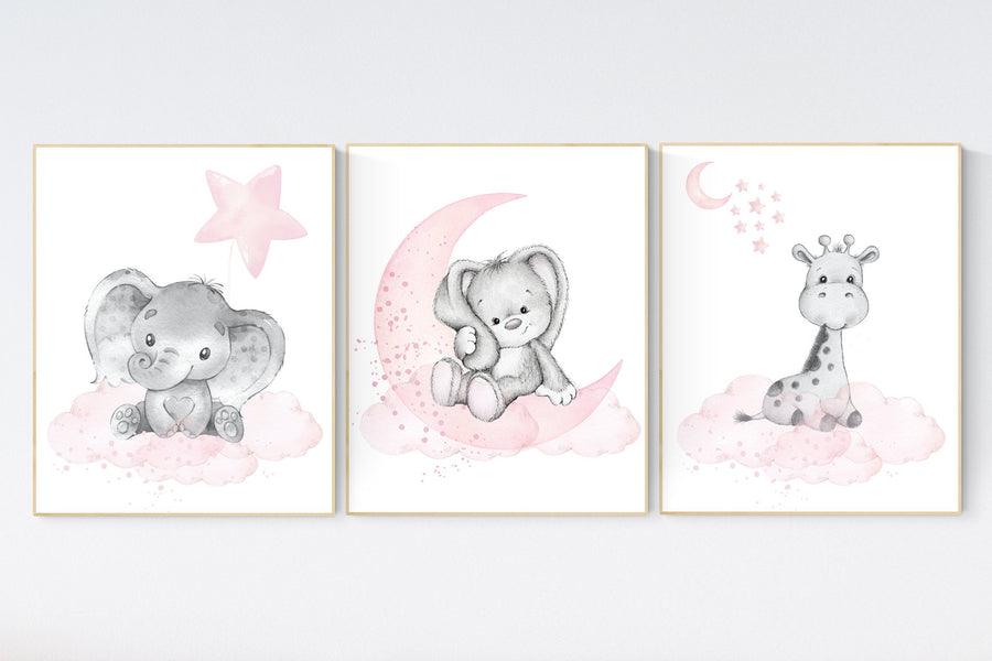 Animal nursery, nursery decor girl pink gray, nursery decor girl woodland animals, bunny, elephant, giraffe, baby girl nursery prints