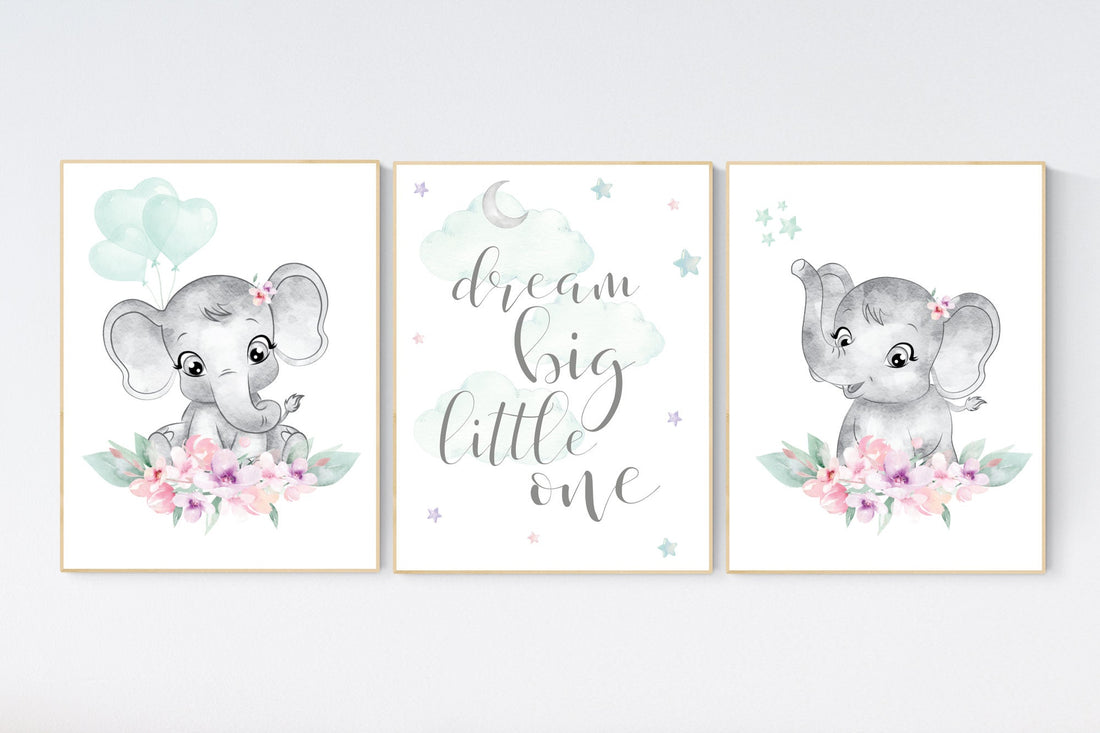 Nursery decor floral, elephant nursery decor , Nursery wall art girl elephant, mint, pink, purple, nursery wall decor, girl nursery ideas