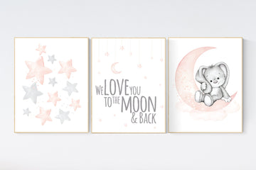 Nursery decor girl, Blush pink, cloud, stars, moon, blush nursery wall art, girls nursery wall decor, nursery prints girl, blush prints