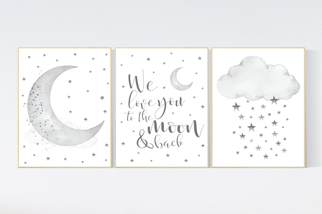 Nursery wall art grey, gray nursery, nursery decor neutral, baby room decor gender neutral, moon and stars, grey nursery decor baby room art