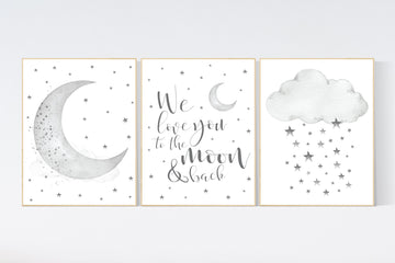 Nursery wall art grey, gray nursery, nursery decor neutral, baby room decor gender neutral, moon and stars, grey nursery decor baby room art
