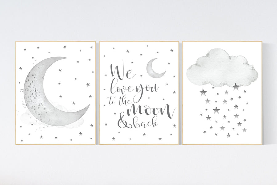 Nursery wall art grey, gray nursery, nursery decor neutral, baby room decor gender neutral, moon and stars, grey nursery decor baby room art