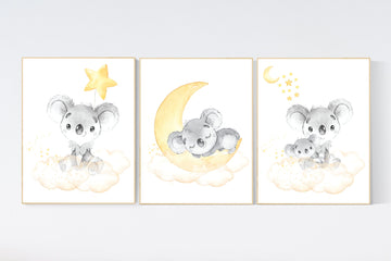 Koala nursery, yellow nursery, moon and stars, yellow gray nursery art, nursery prints animals, gender neutral nursery, koala mother