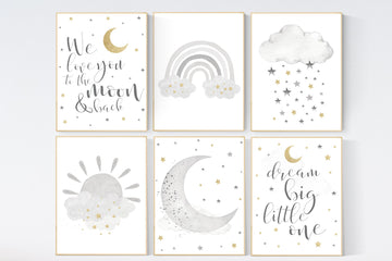 Nursery wall art grey, gray gold nursery, rainbow nursery decor, baby room decor gender neutral, moon and stars, baby room wall art,