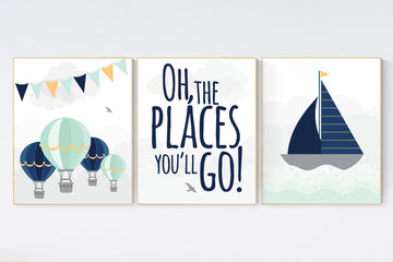 Mint navy nursery wall art, hot air balloon Nursery, mint and navy, gender neutral, baby room wall art, gender neutral, mint green, boy