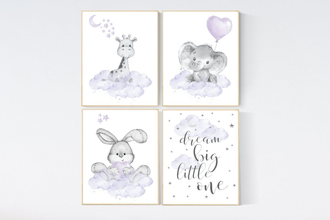 Nursery decor girl woodland, purple nursery, lilac, elephant, bear, giraffe, bunny, animal nursery, lilac nursery, animal nursery prints