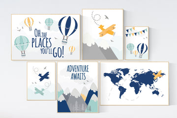 Adventure nursery decor, Nursery decor boy mountains adventure, nursery decor boy airplane, world map nursery, adventure awaits, navy yellow