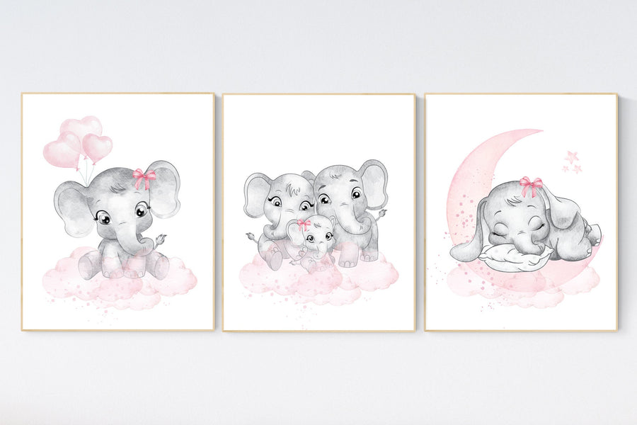 Nursery decor girl pink and gray, Elephant nursery wall art, girl nursery ideas, pink grey nursery wall decor, nursery prints girl