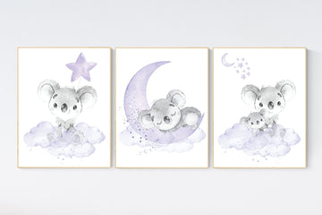 Nursery decor girl, koala nursery, moon and stars, purple nursery art, nursery prints animals, purple nursery decor, koala mother and baby