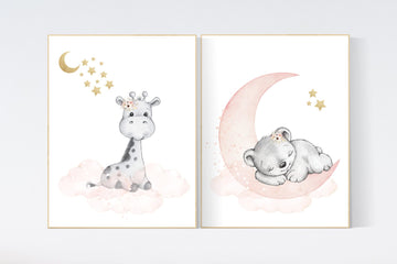 Nursery decor girl, blush gold, Animal nursery, nursery decor girl woodland animals, bear, giraffe, girl nursery ideas