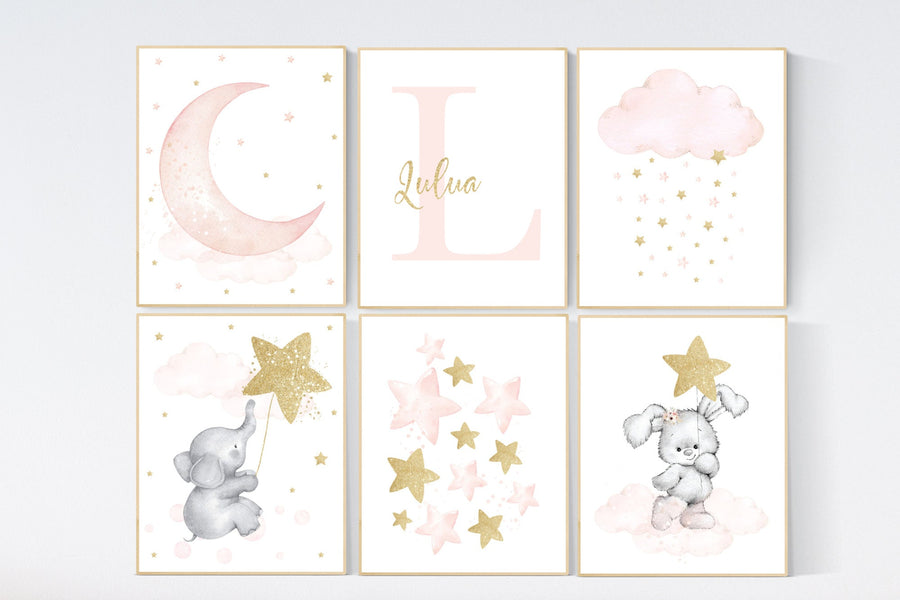 Nursery decor girl name, Blush pink and gold, nursery wall art girl, elephant, giraffe, blush pink gold, girl nursery wall decor, cloud moon