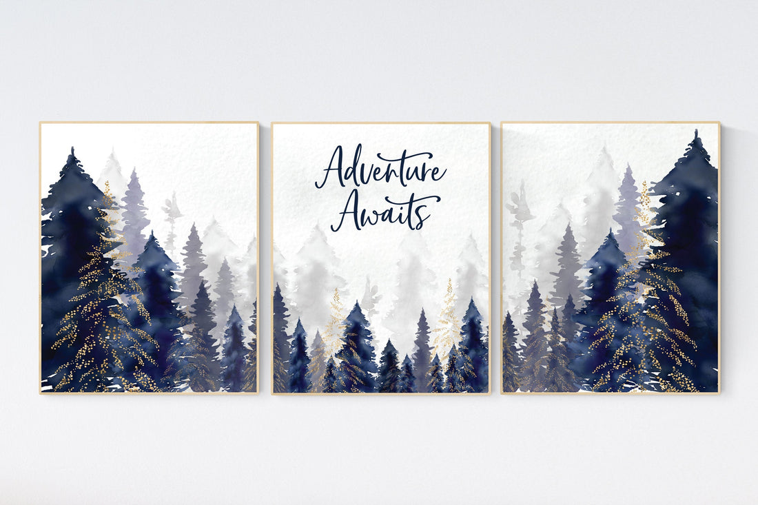 Woodland Nursery Decor, Baby Boy Nursery, Mountain Nursery, Adventure Awaits Print, Nursery decor boy, woodland nursery, navy gold