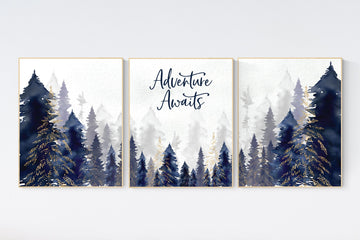 Woodland Nursery Decor, Baby Boy Nursery, Mountain Nursery, Adventure Awaits Print, Nursery decor boy, woodland nursery, navy gold