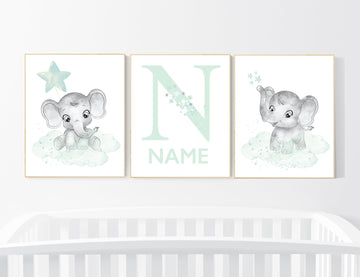 Mint nursery decor, elephant nursery, name print, mint green nursery decor, mint green nursery, moon and stars nursery, gender neutral
