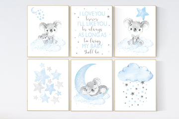 Nursery wall art koala, baby blue nursery, Animal nursery wall art, koala decor for nursery, blue grey elephant, boys nursery, set of 6