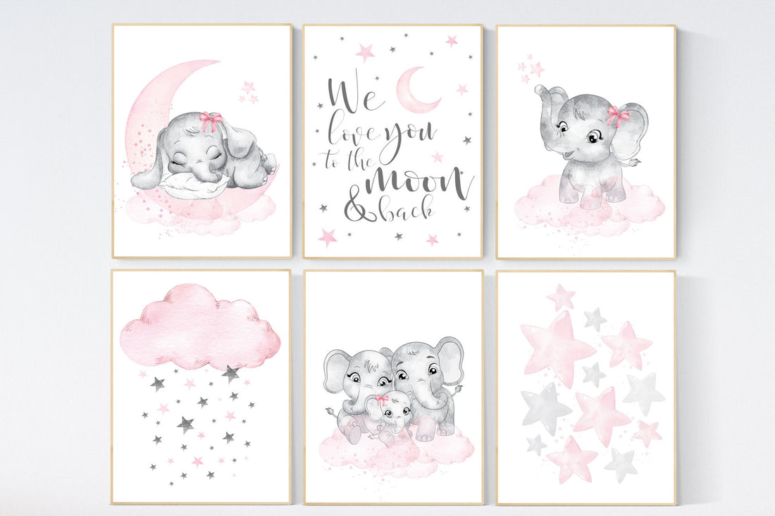 Nursery decor girl elephant, animal prints, pink grey nursery, pink gray, girl nursery room decor, cloud, moon, stars, set of 6