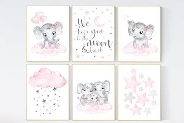 Nursery decor girl elephant, animal prints, pink grey nursery, pink gray, girl nursery room decor, cloud, moon, stars, set of 6