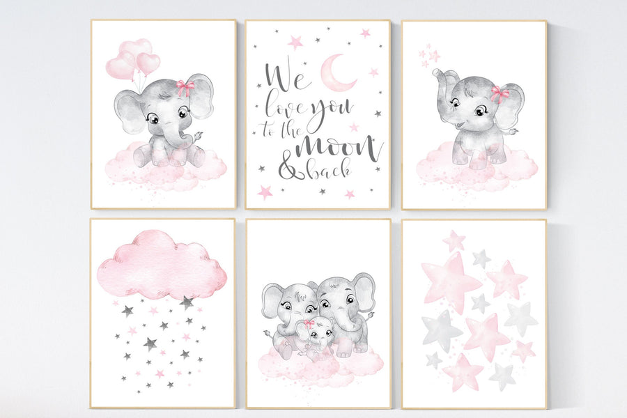 Nursery decor girl elephant, animal prints, pink grey nursery, pink gray, girl nursery room decor, cloud, moon, stars, set of 6