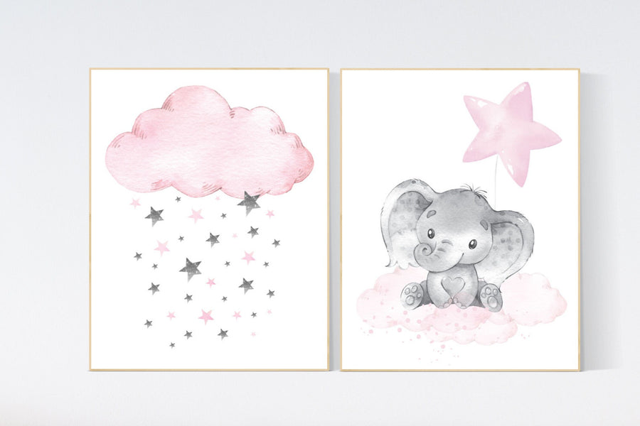 Nursery decor girl elephant, nursery wall art girl pink, moon print, baby room wall art, moon and stars, girl nursery wall decor