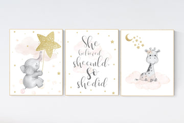 Nursery decor elephant, Nursery decor girl blush, elephant nursery, moon and stars nursery, blush gold, elephant, giraffe