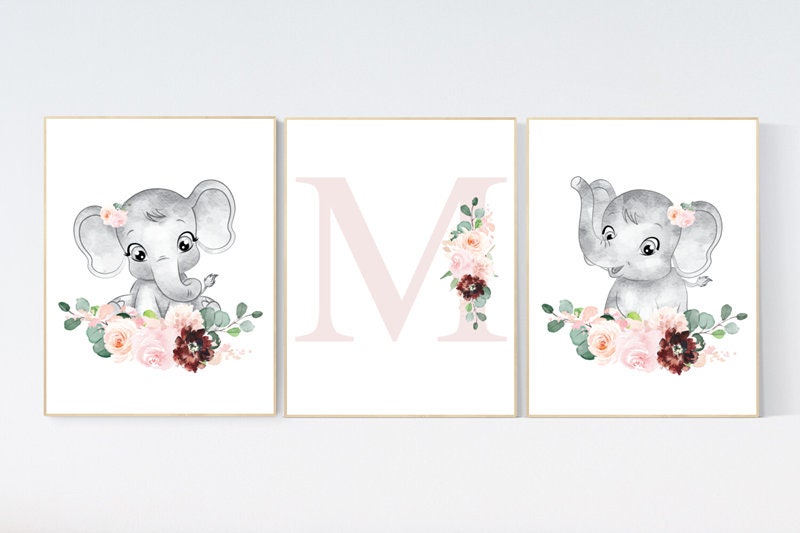 Nursery decor girl boho, blush, elephant nursery wall art, nursery decor girl floral, nursery decor girl woodland, floral nursery, boho