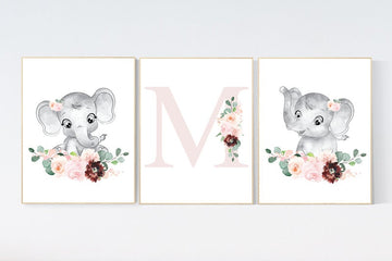 Nursery decor girl boho, blush, elephant nursery wall art, nursery decor girl floral, nursery decor girl woodland, floral nursery, boho
