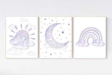 Nursery prints rainbow, Nursery decor girl purple, lilac nursery, nursery wall art girl, moon star, cloud, sun nursery, lavender, lilac