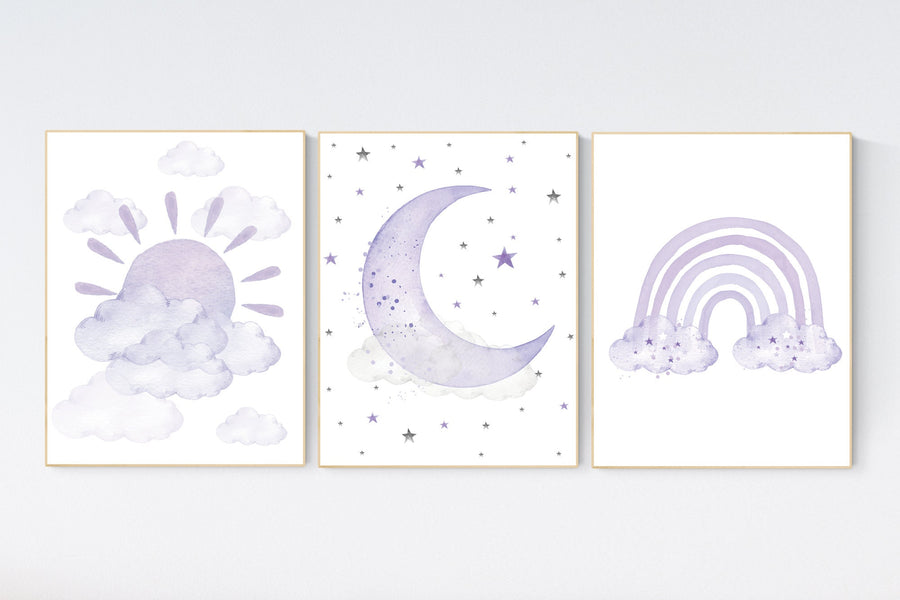 Nursery prints rainbow, Nursery decor girl purple, lilac nursery, nursery wall art girl, moon star, cloud, sun nursery, lavender, lilac