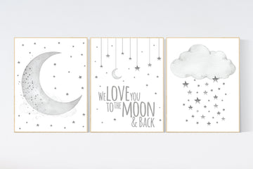 Nursery wall art grey, gray nursery, nursery decor neutral, baby room decor gender neutral, moon and stars, grey nursery decor baby room art