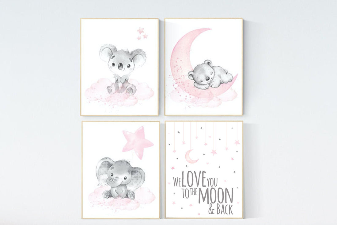 Animal nursery, nursery decor girl pink gray, nursery decor girl woodland animals, teddy bear, elephant, koala, baby girl nursery prints