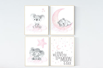 Animal nursery, nursery decor girl pink gray, nursery decor girl woodland animals, teddy bear, elephant, koala, baby girl nursery prints