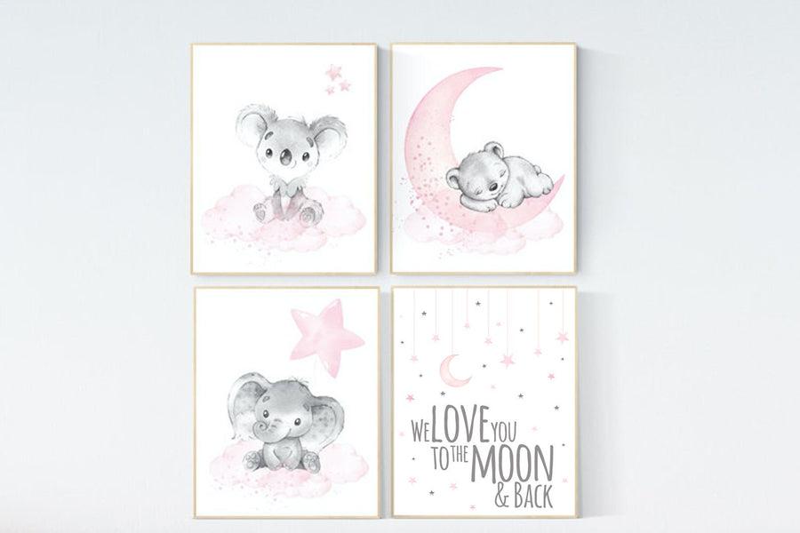 Animal nursery, nursery decor girl pink gray, nursery decor girl woodland animals, teddy bear, elephant, koala, baby girl nursery prints