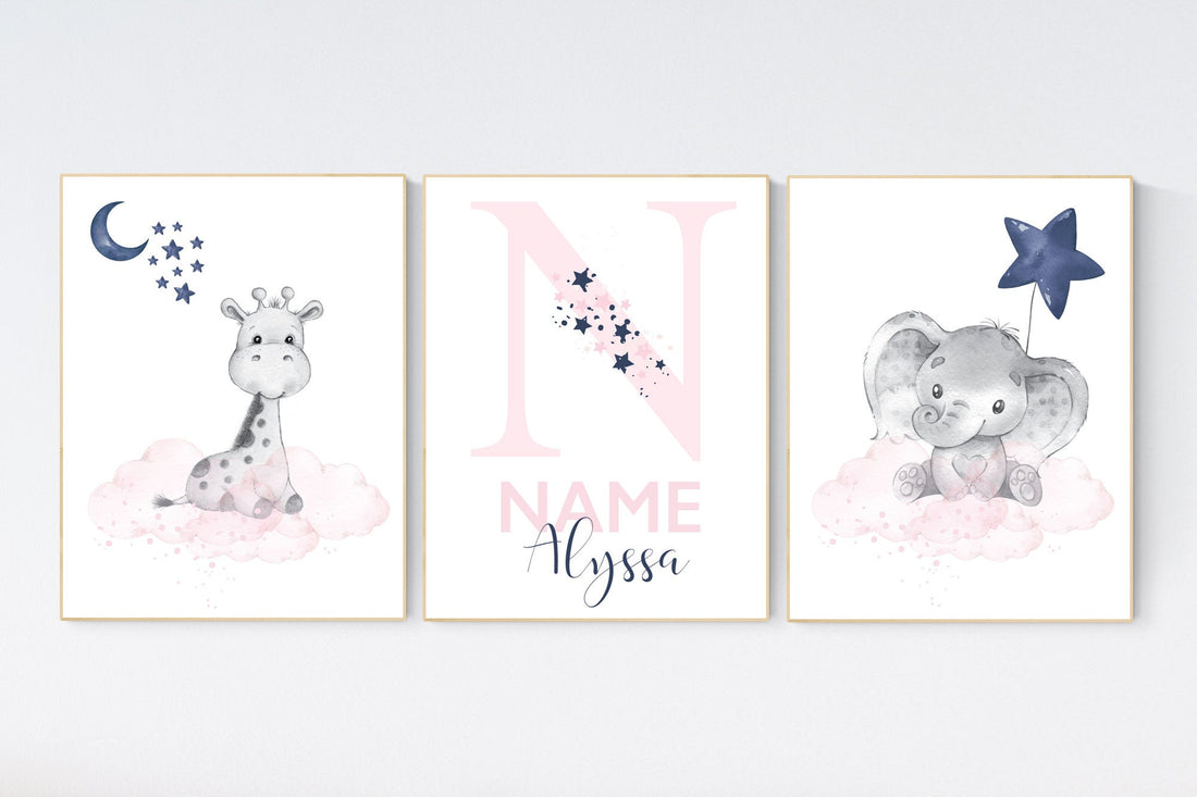 Nursery decor girl, pink and navy, elephant nursery, giraffe nursery, navy pink, twin nursery, gender neutral, animal prints, name nursery