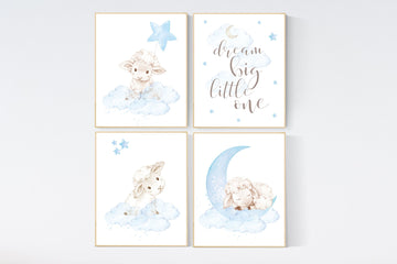 Sheep nursery decor, blue grey nursery, nursery decor lambs, nursery wall art sheep, moon and cloud wall art nursery, gray blue, nursery art