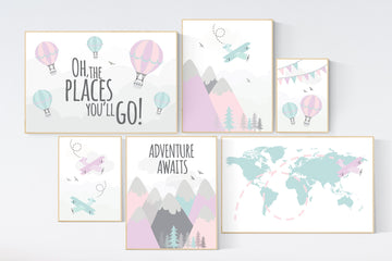 Girls room decor purple and turquoise, adventure awaits nursery art, adventure theme nursery, lavender mint, lilac mint hot air balloon