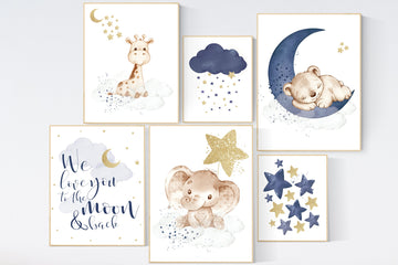 Nursery decor boy elephant, bear, giraffe, nursery wall art boy, navy Blue gold, moon and stars, boy nursery decor, animal nursery print set