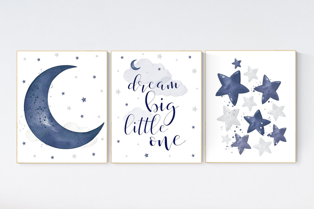 Nursery decor boy, navy nursery wall art boy, moon and stars, navy blue, dream big little one, navy nursery set, star nursery, baby room art
