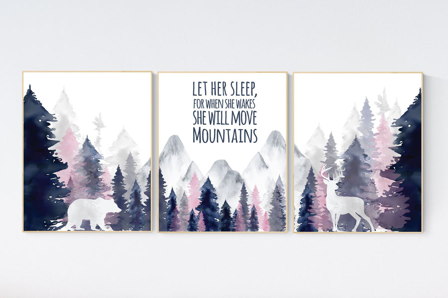 Nursery decor woodland, mountain wall art, tree nursery decor, adventure theme nursery, forest, navy, blush woodland animals, forest