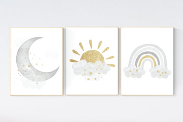 Nursery wall art grey, gray gold nursery, rainbow nursery, nursery decor neutral, baby room decor gender neutral, moon and stars, grey gold