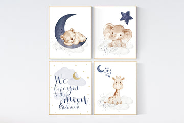 Animal nursery, Nursery decor boy elephant, navy blue, bear nursery, giraffe baby room wall art, boy room, navy gray grey