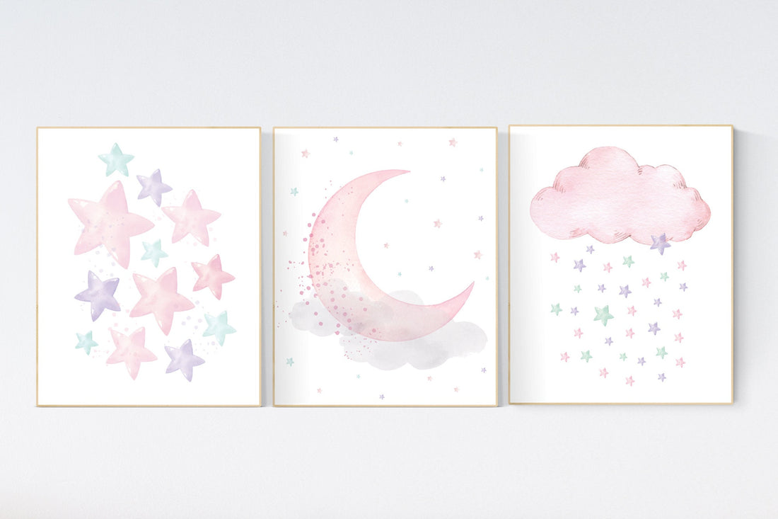 Pink, mint, purple, Nursery decor girl, stars, moon and cloud, nursery wall decor, nursery prints, pink nursery, pink purple, girl nursery