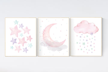 Pink, mint, purple, Nursery decor girl, stars, moon and cloud, nursery wall decor, nursery prints, pink nursery, pink purple, girl nursery